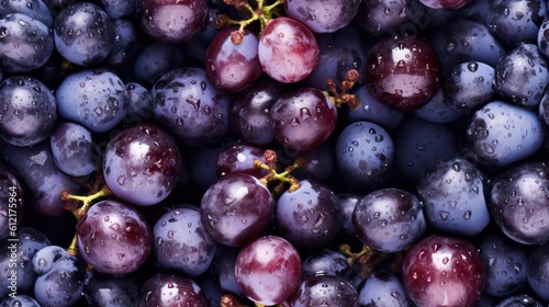Many fresh purple grape background adorned with some droplets of water for food magazine photography generative ai