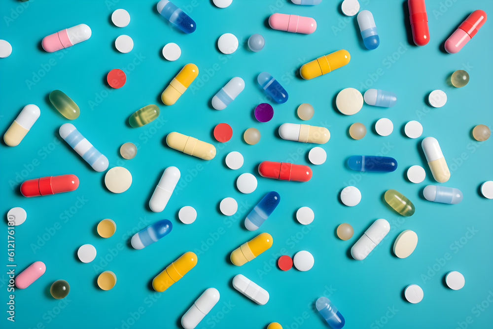  Creative layout made of colorful pills and capsules on blue background. Minimal medicine concept. Medicines, covid-19 or coronavirus. Lay flat, top.. 