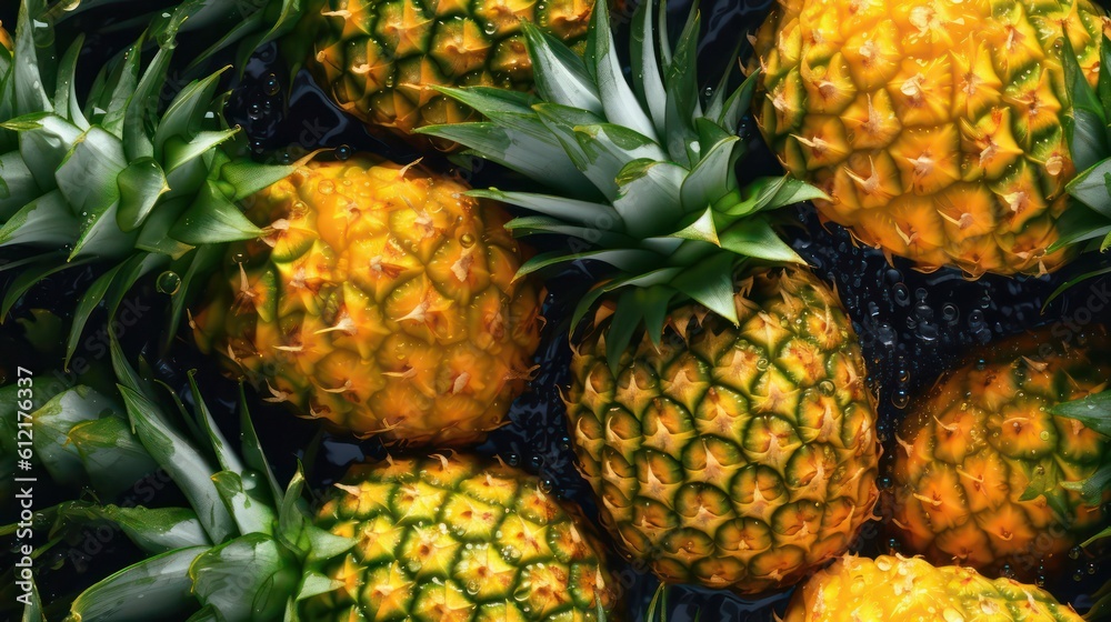 Many fresh pineapple background adorned with some droplets of water for food magazine photography generative ai Many fresh pineapple background adorned with some droplets of water for food magazine photography generative ai