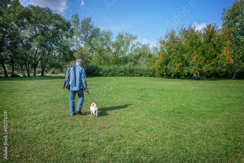 a man walks with a pug dog in a park in nature, a view from the back, selective focus © Lema-lisa
