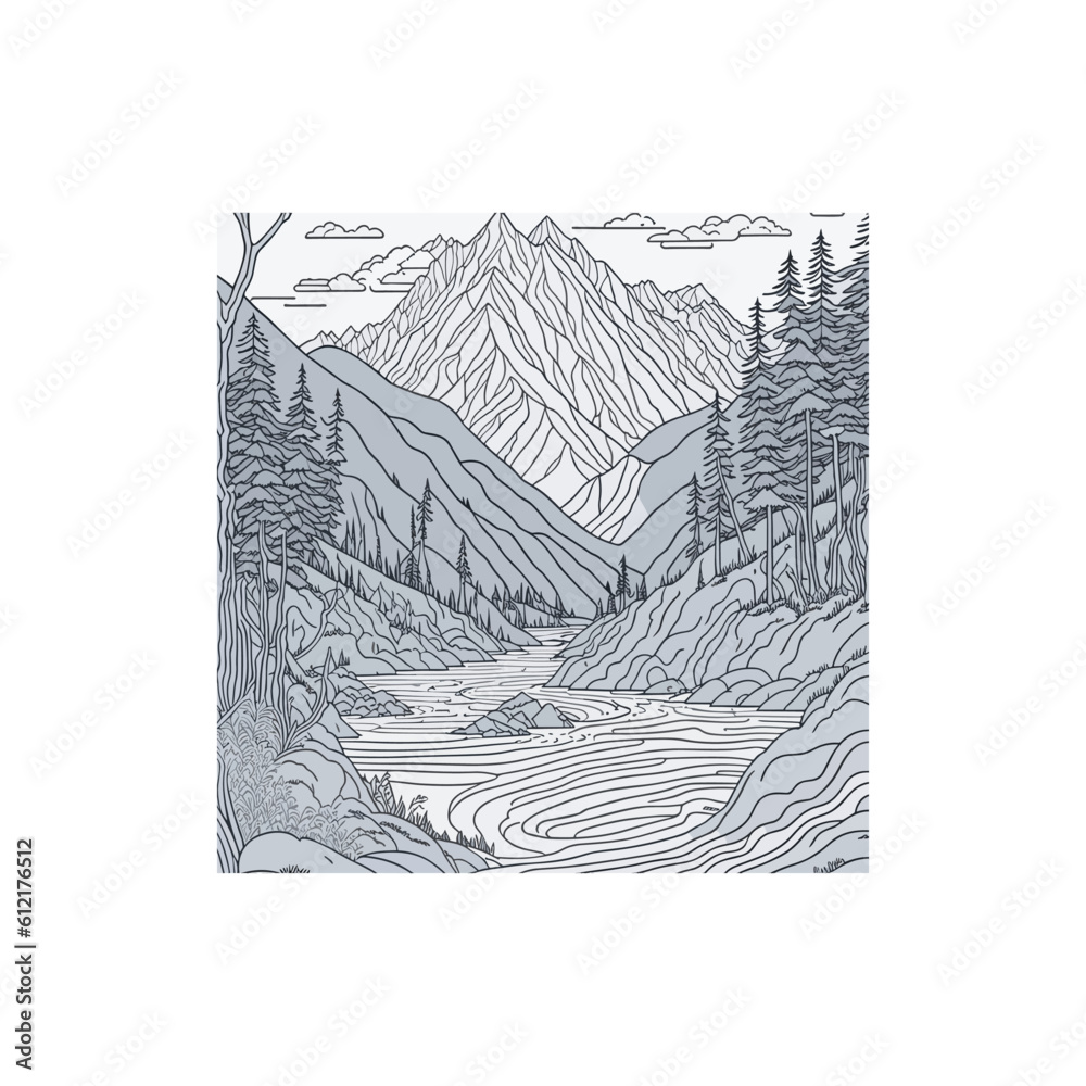 Obraz premium landscape Coloring book black and white Mountains and Rever. 