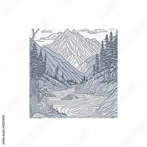 landscape Coloring book black and white Mountains and Rever.  