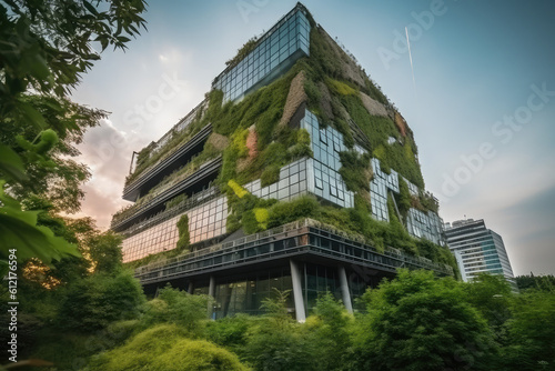 attention on trees and environmentally friendly structures with vertical gardens in contemporary cities. Green tree forest atop a glass structure with sustainability. Green workplace office building