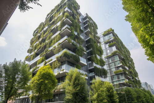 attention on trees and environmentally friendly structures with vertical gardens in contemporary cities. Green tree forest atop a glass structure with sustainability. Green workplace office building #612176595
