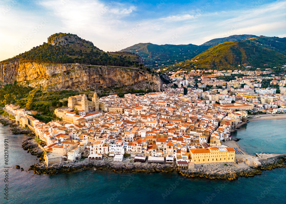 Aerial view of Cefalu, on the Tyrrhenian coast of Sicily, Italy