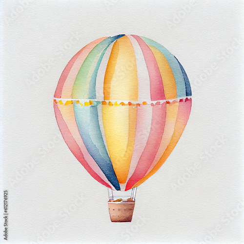 Hot air balloon watercolor illustration, social media post, rainbow colored photo