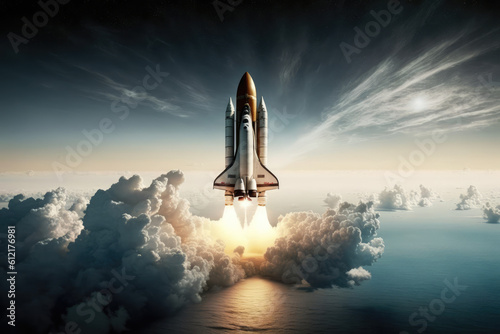 Over the Earth, in the open, a space shuttle launches. Sea and sky beneath a spaceship. This image's components were provided by NASA