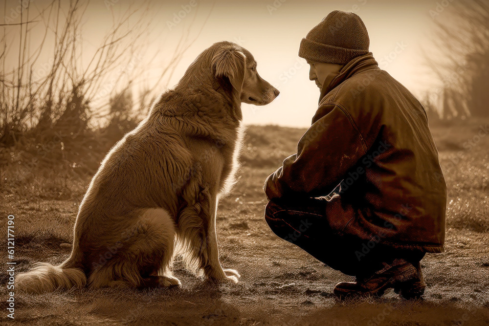 A dog standing faithfully by a person's side, symbolizing the