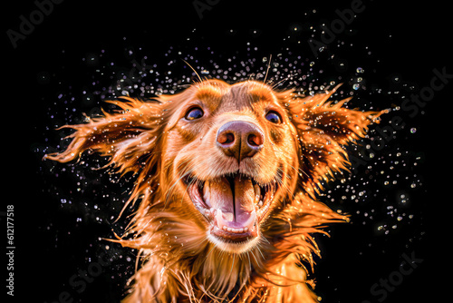 A dog shaking off water after a bath, capturing the moment of wet fur and playful energy. © Suplim