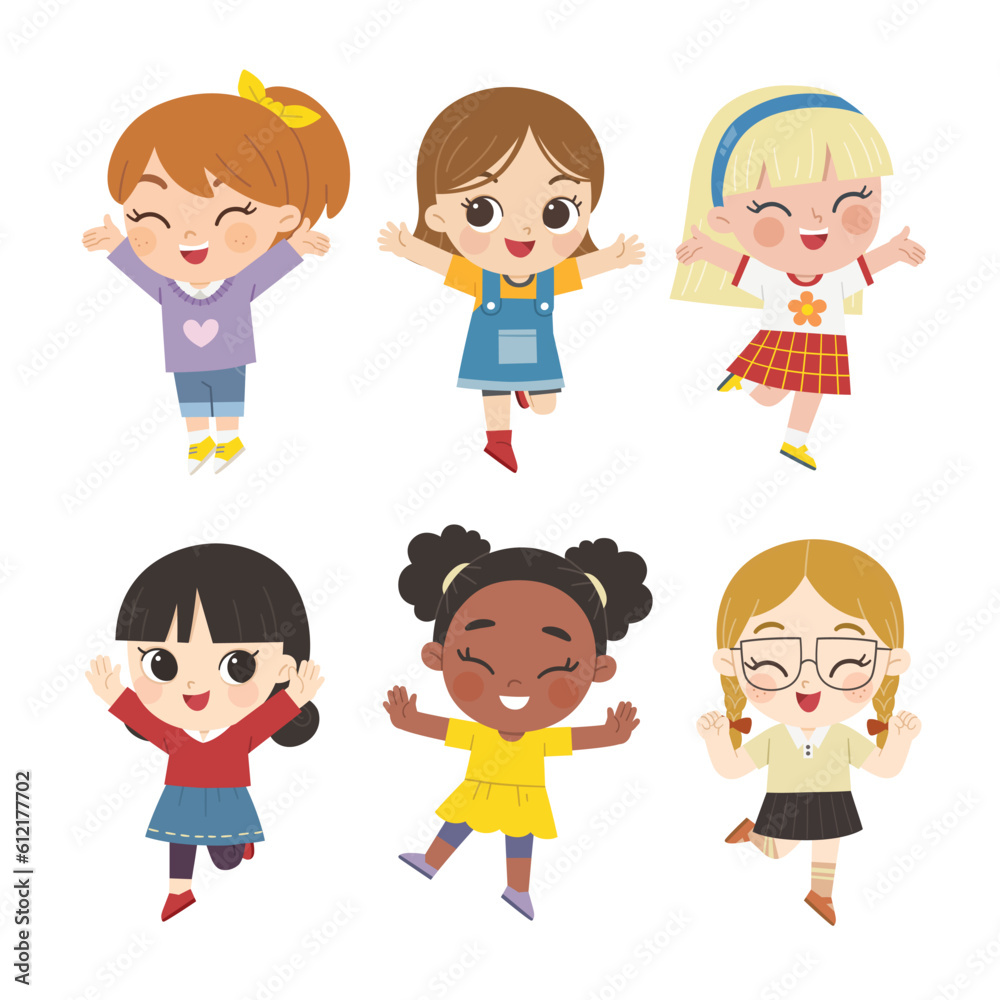 Happy children with different positive emotions. Children jumping and waving their hands in greeting. Happy children with different positive emotions. Children jumping and waving their hands in greeting.