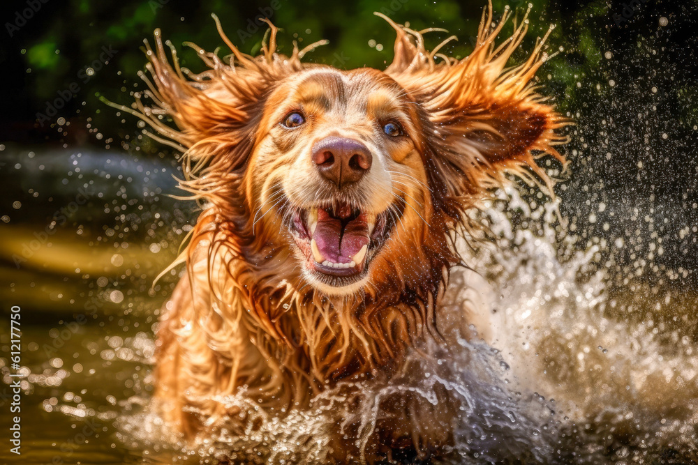 A dog shaking off water after a bath, capturing the moment of wet fur and playful energy.