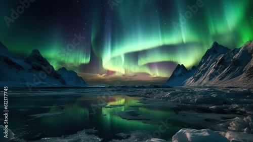 mountain at night with beautiful aurora sky and reflected in water 