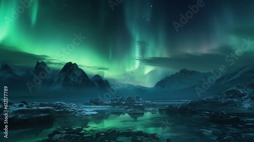 mountain an night with beautiful aurora sky and reflected in water 