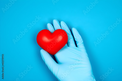  Red heart in blue medical gloves on a blue background. Nursing staff day background, top view, space for text 