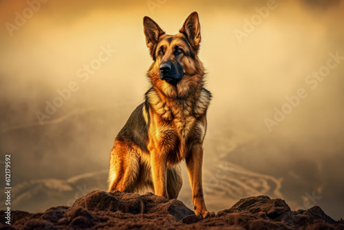 A dog standing tall and alert, symbolizing courage and protection, representing the innate instinct of dogs to guard and defend their loved ones.