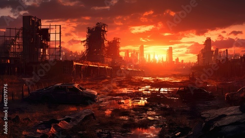 Post apocalypse city background at sunset. Generative AI