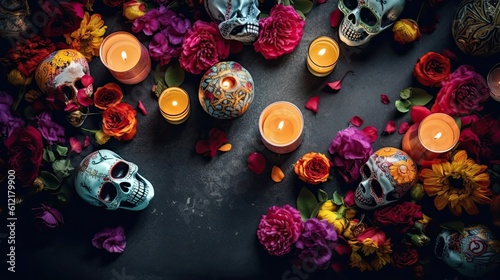 concept design of candles and flowers on black background for day of the dead