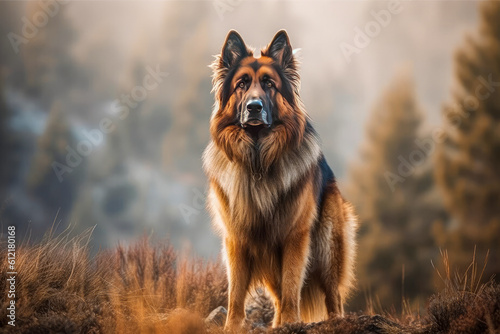 A dog standing tall and alert, symbolizing courage and protection, representing the innate instinct of dogs to guard and defend their loved ones.