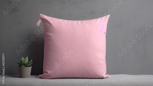 Pillow mockup in solid pink color, set against a gray background. Generative AI photo