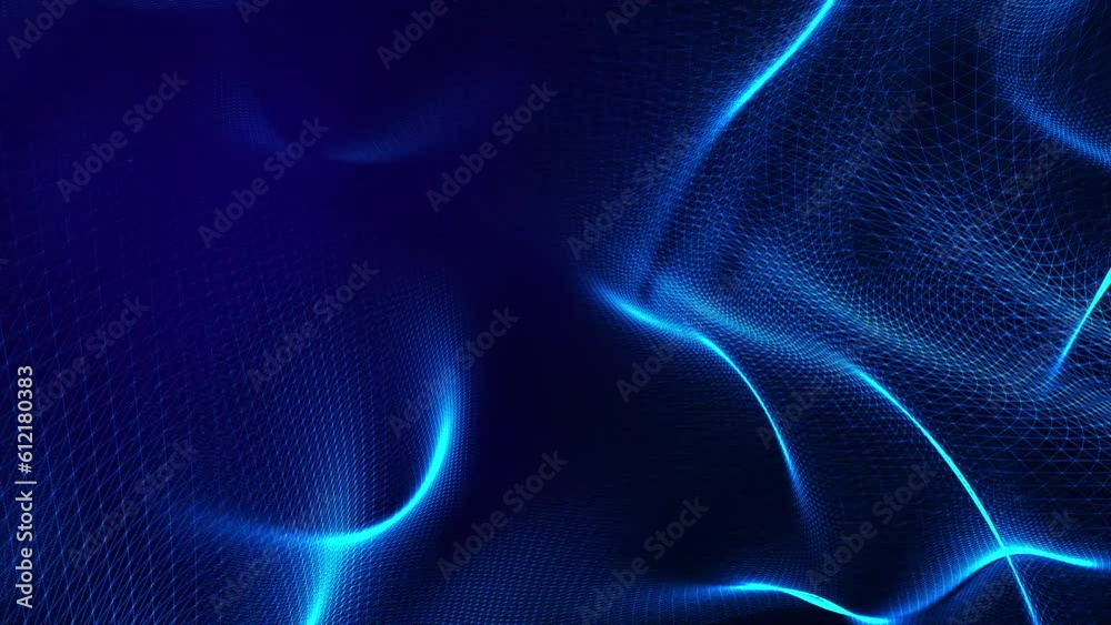 3D abstract digital technology animated blue light particles on blue background.

