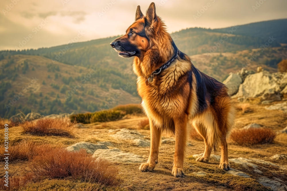 A dog standing tall and alert, symbolizing courage and protection, representing the innate instinct of dogs to guard and defend their loved ones. A dog standing tall and alert, symbolizing courage and protection, representing the innate instinct of dogs to guard and defend their loved ones.