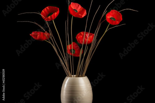 a bamboo vase with dried poppies. interior design of a home. Generative AI