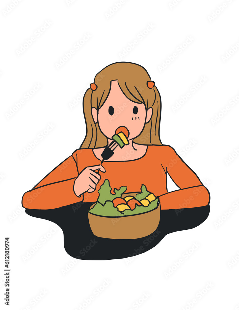 Woman eating salad hand drawn illustration , healthy food Woman eating salad hand drawn illustration , healthy food