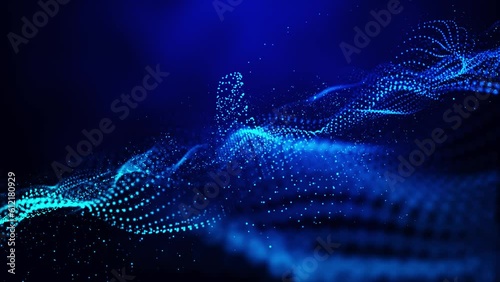 3D abstract digital technology animated blue light particles on blue background.
