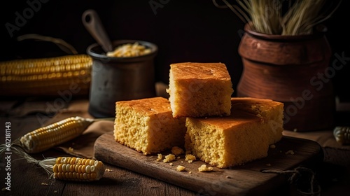 Fluffy cake cornbread on wood plate with blurred background