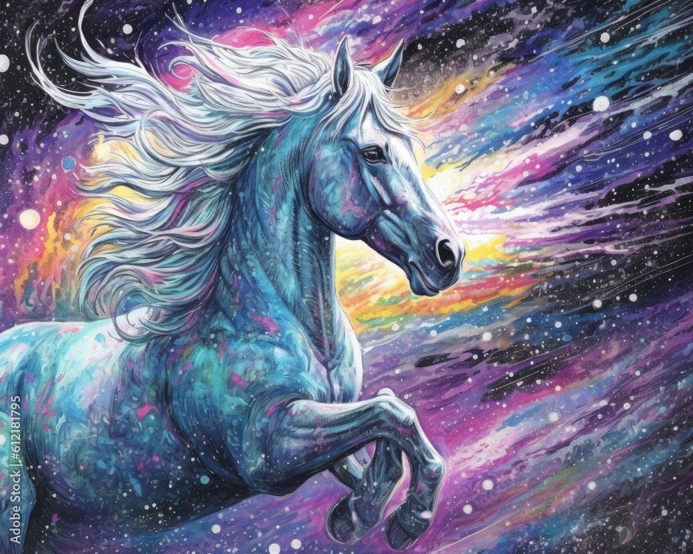 art horse in space . dreamlike background with horse . Hand Drawn Style illustration art horse in space . dreamlike background with horse . Hand Drawn Style illustration