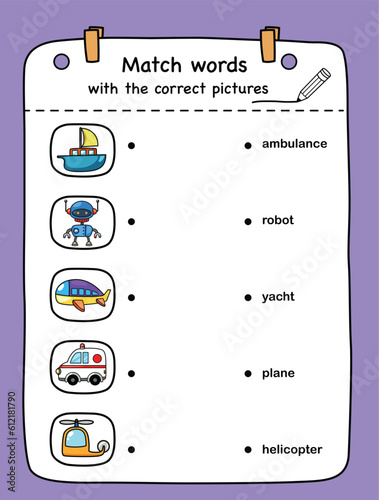 Match words with the correct pictures illustration, vector
