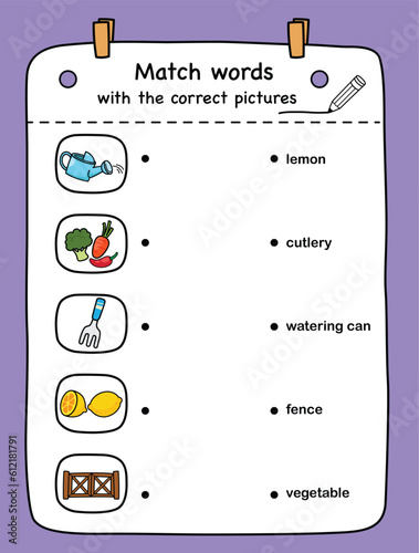 Match words with the correct pictures illustration, vector