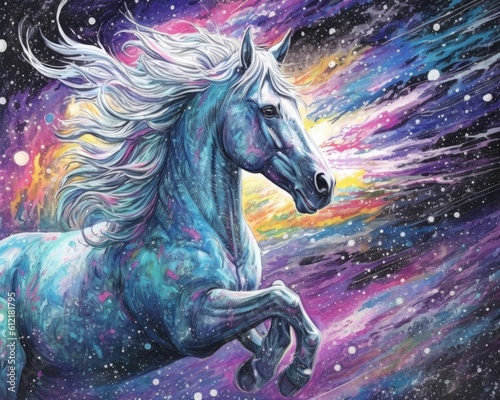 art horse in space . dreamlike background with horse . Hand Drawn Style illustration 