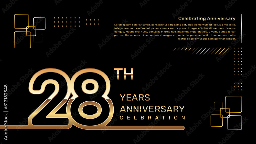 Naklejka premium 28 year anniversary template design with gold color and double line numbers, vector template