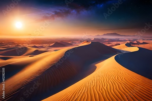 Sunrise in the desert along with starry constellation in the sky.