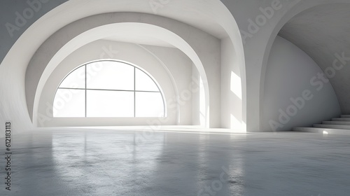White interior with no furniture, a concrete floor, and an arc. mock-up for an illustration. Generative AI
