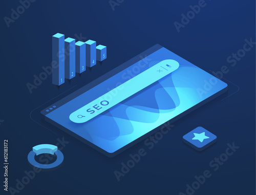 SEO optimization strategy concept. Analyze traffic, rank, and optimize website. Leverage search bars, ratings, charts, backlinks, meta tags. Maximize online presence vibrant isometric illustration