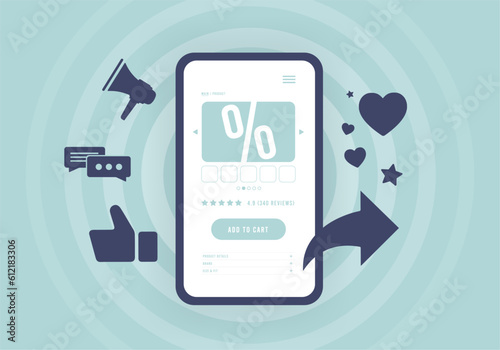 M-Commerce digital marketing concept of product promotion on marketplaces with help of good reviews, fast support, adding to favorites. Product card of an online marketplace store with a buy button