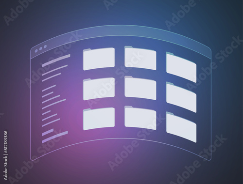 Virtual reality file manager with folders and media content. Optimize file organization and increase productivity. Illustration of efficient curved vr or ar file management concept