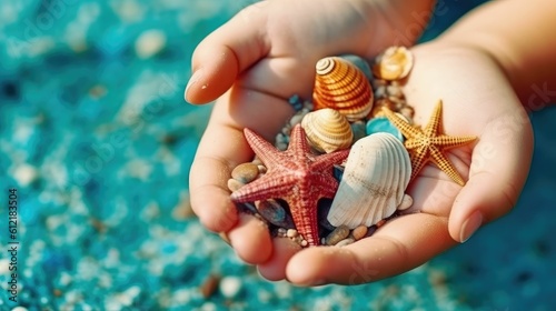 hands holding starfish and shells at beach with generative ai