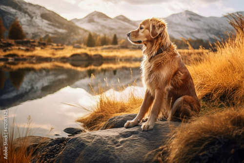 A dog sitting amidst a serene natural landscape, symbolizing the deep connection that dogs have with nature and the reminder to appreciate the beauty of the world around us.