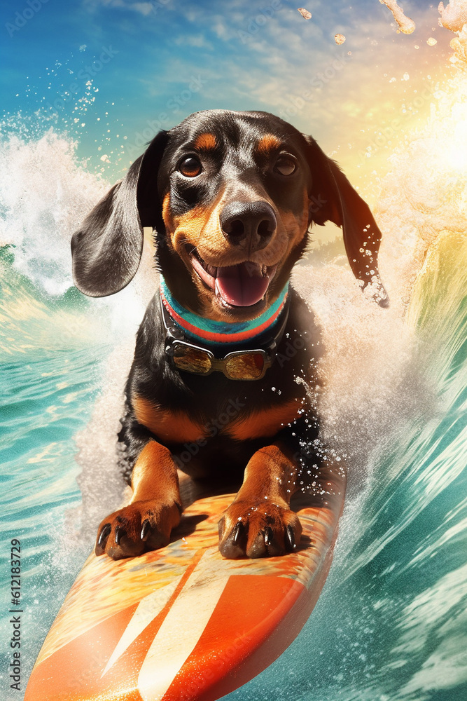cooler fröhlicher Dackel Hund beim surfen auf einem Surfboard im Meer mit großen Wellen. Hochformat. Hochkant. Generative Ai.