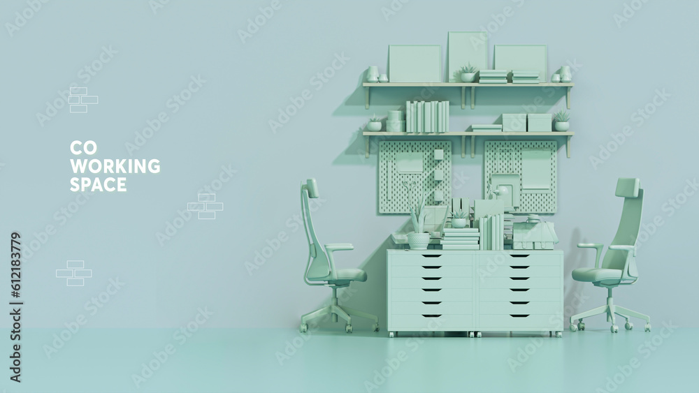 Fototapeta premium Green monochrome office table desk. Minimal idea concept for study desk and Business teamwork poster. Working with computer. 3d render 