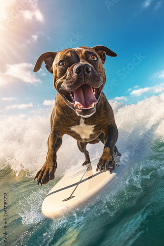 cooler fröhlicher Staffordshire Bullterrier Hund beim surfen auf einem Surfboard im Meer mit großen Wellen in Action. Hochformat. Hochkant. Generative Ai. © Michael
