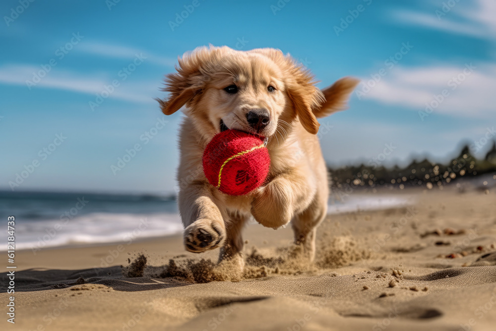 A dog surrounded by toys and engaging in play, symbolizing the inherent playfulness and youthful spirit that dogs bring into our lives.