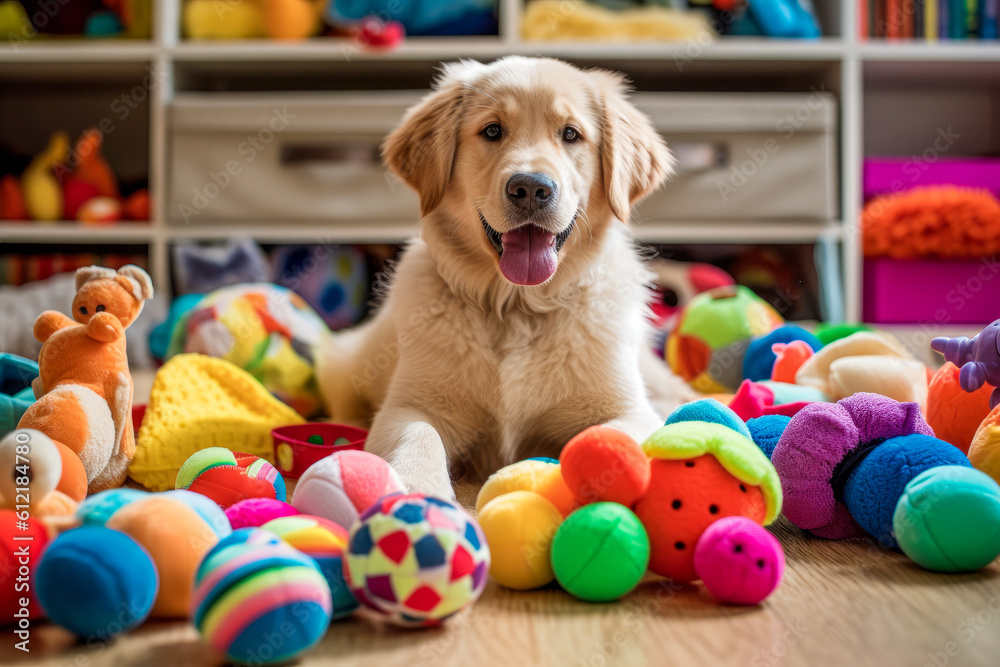 A dog surrounded by toys and engaging in play, symbolizing the inherent playfulness and youthful spirit that dogs bring into our lives. - obrazy, fototapety, plakaty 