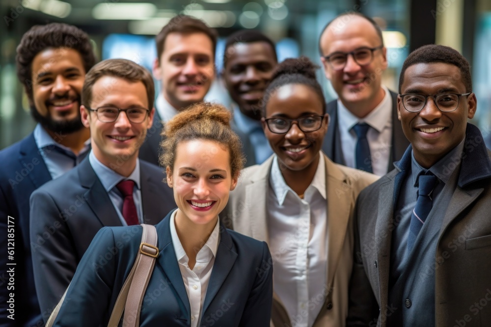 Group of businessmen and businesswomen of various nationalities standing and smiling happily.Generated with AI. Group of businessmen and businesswomen of various nationalities standing and smiling happily.Generated with AI.