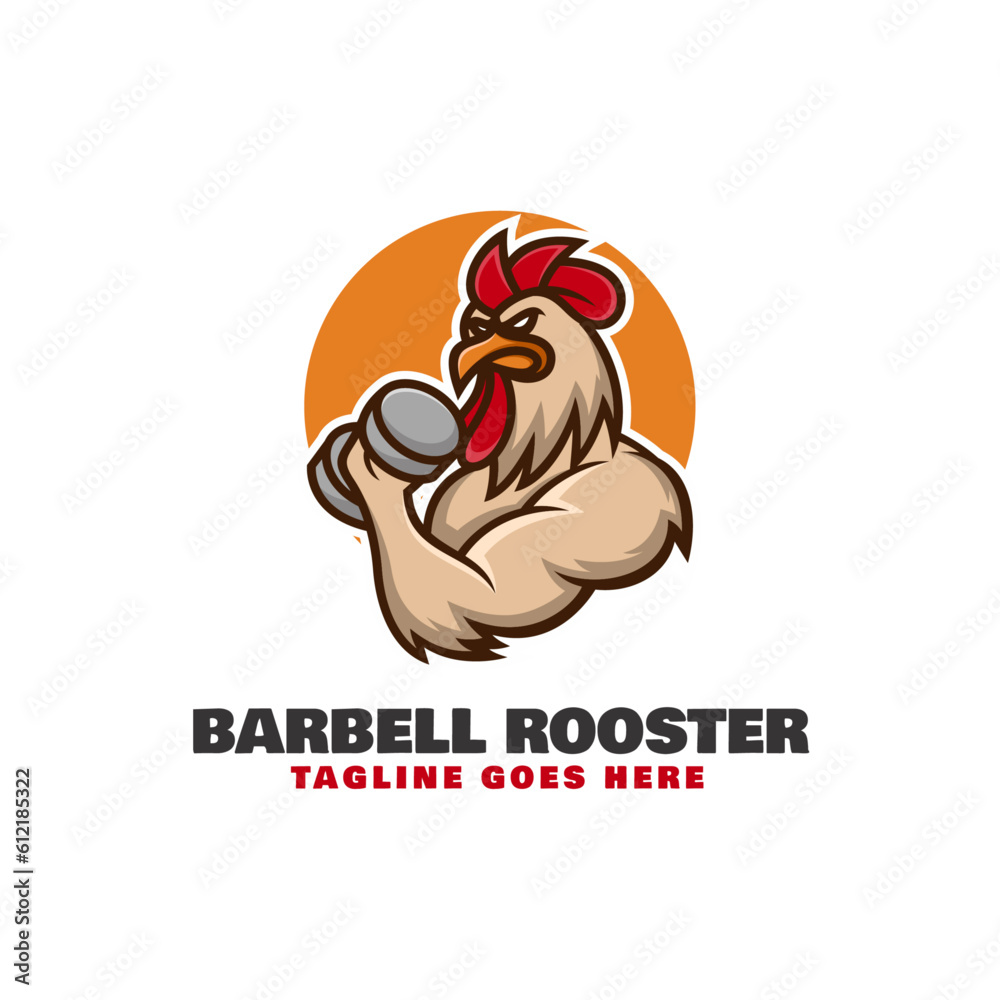 Obraz premium Vector Logo Illustration Barbell Rooster Mascot Cartoon Style.