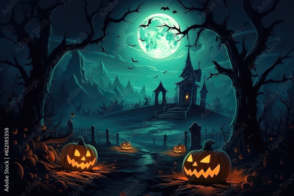 cemetery on halloween night with  evil pumpkins. Generative Ai