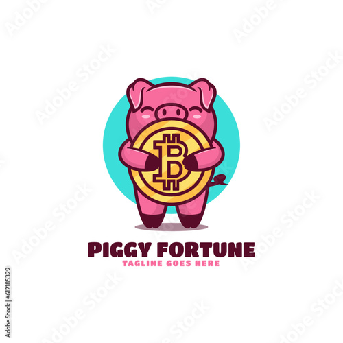 Vector Logo Illustration Piggy Fortune Mascot Cartoon Style.